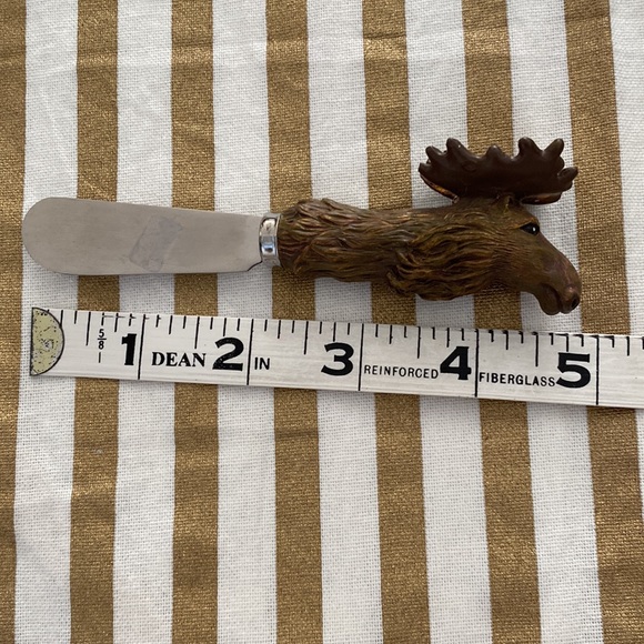 Gold and white stripe elegant fringe tea towel and moose condiment knife, NWOT - Picture 6 of 10